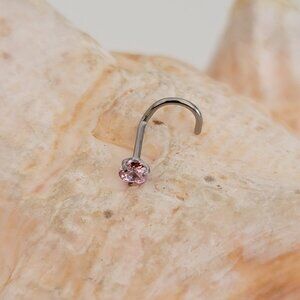 18G Pink heart nose screw nostil piercing jewelry prong set CZ gem